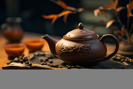 茶花纹雕刻精美花纹的茶壶背景
