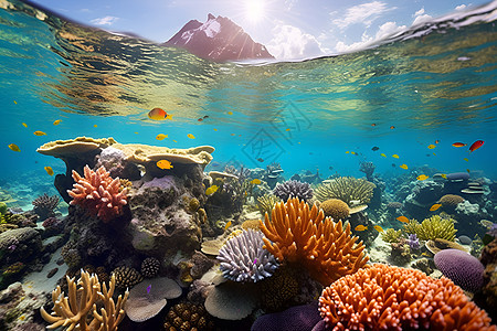 阳光照耀海面下的珊瑚图片