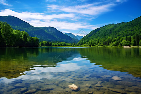 卡通云朵山脉环绕的湖泊背景