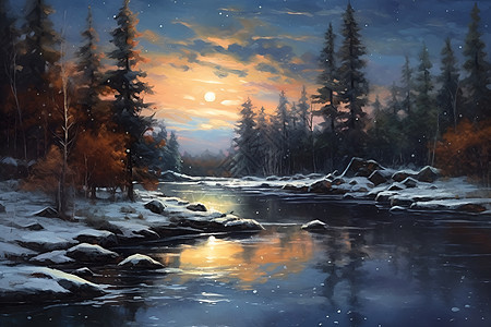 夜色河边的冬季美景图片