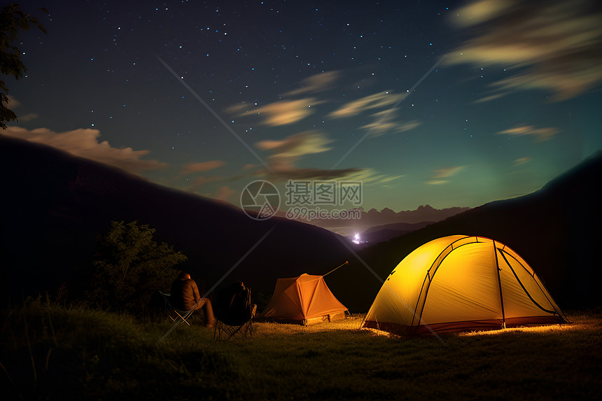 夜晚户外的露营帐篷图片