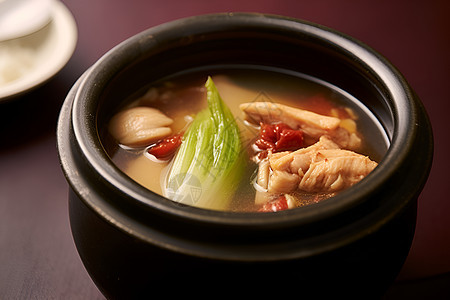 砂锅中美味的鸡汤背景图片