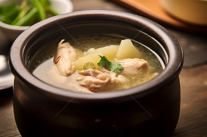 砂锅中健康美味的鸡汤图片
