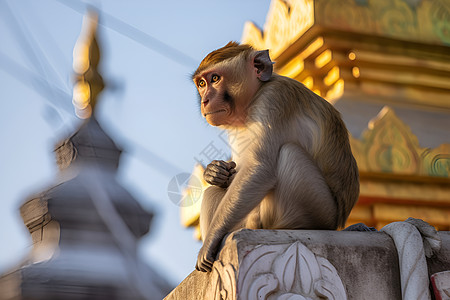 户外坐在石柱上的猴子背景图片