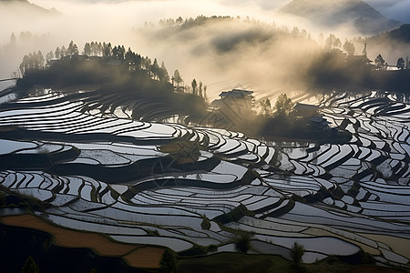 山坡上的稻田背景图片