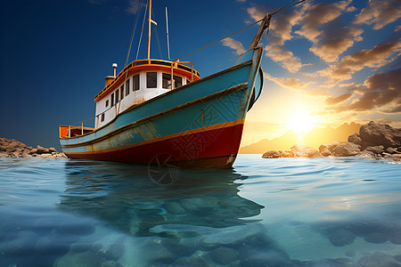 日出海洋中出海的渔船图片