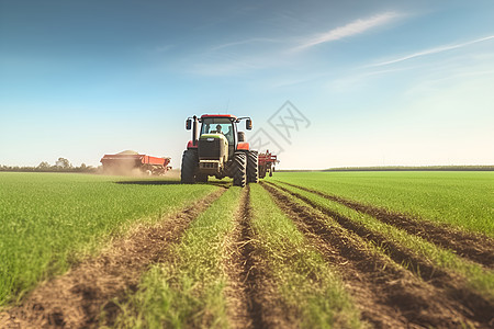 大片田野上的农用拖拉机背景图片