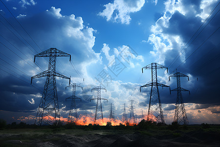 蓝天中一群高压电线背景图片