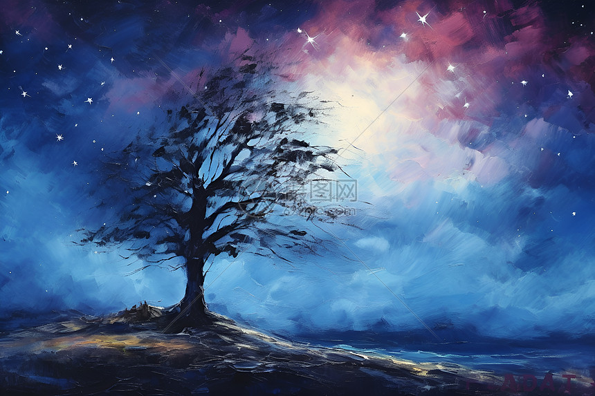 夜幕下的树影星光图片