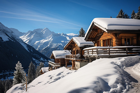 冬日白雪中的木屋图片