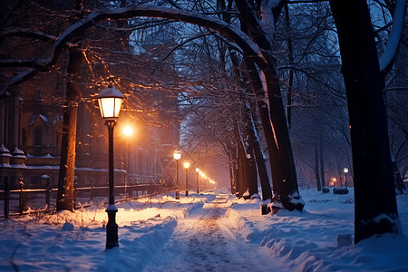 寒冬夜晚中的雪道背景图片