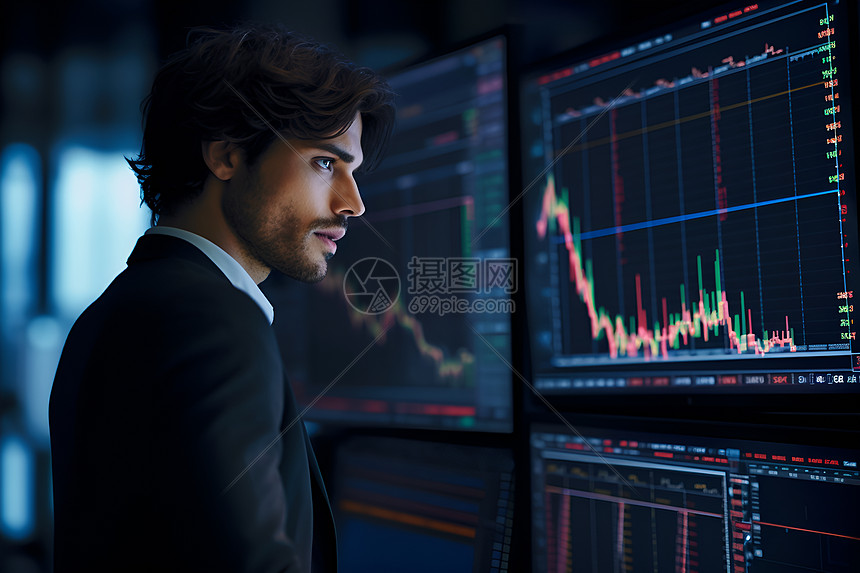 股票交易员审视电脑屏幕屏幕上的信息图片
