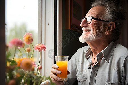 老人拿着橙汁站在窗边图片