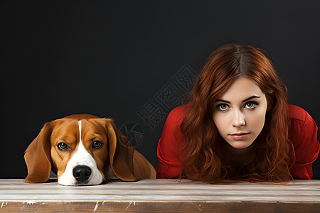 女士与悲伤表情的狗趴在桌子前图片