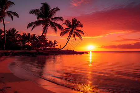 夕阳下的椰林沙滩图片
