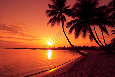 黄昏沙滩上的椰林图片