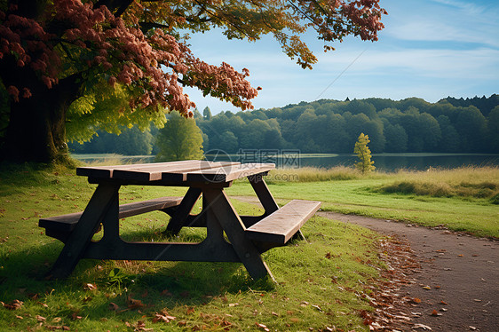 湖边的野餐桌图片