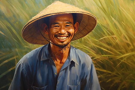 稻田间的农民笑脸背景图片