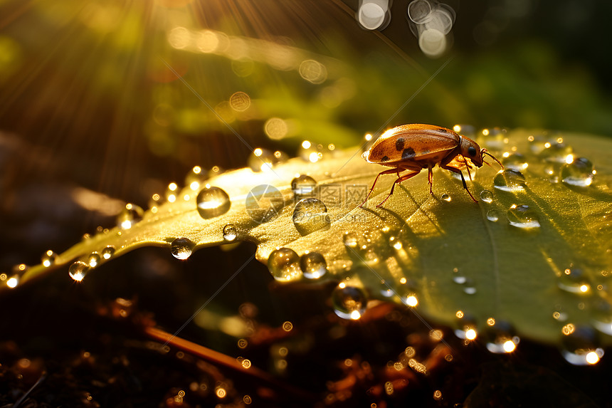 阳光洒在叶片瓢虫上图片