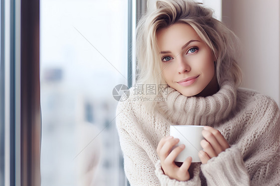 窗前喝咖啡的外国女子图片