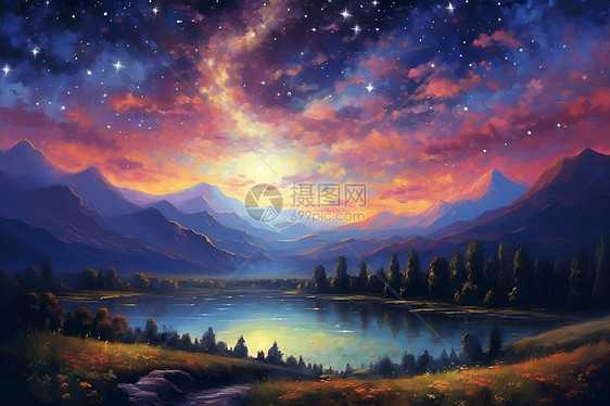 星空下的湖泊和山脉图片