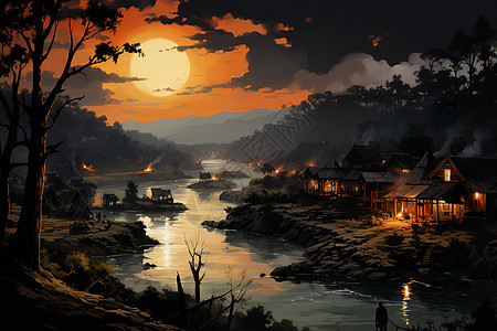 夕阳下的河边村落图片