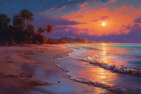 夕阳余晖下的海滩油画图片