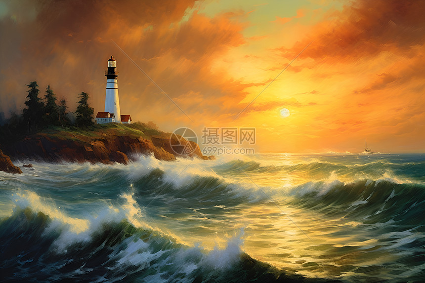 海边灯塔上的夕阳照耀图片