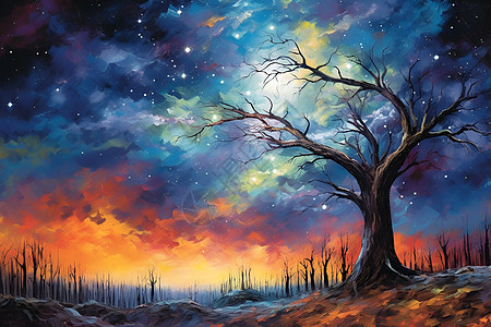 星空下的孤树背景图片