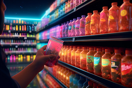 五彩斑斓的超市饮料货架图片