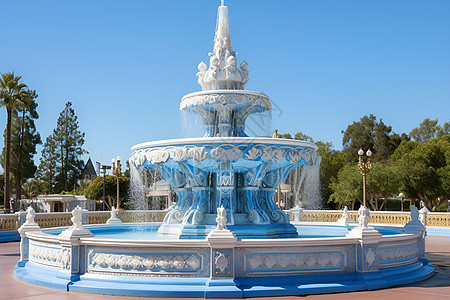 蓝天白云下的喷泉图片