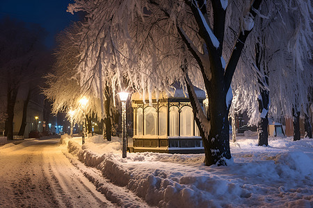 寒冷夜晚的雪中街景图片