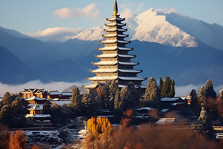 风景优美冬季大理古城的美丽景观背景