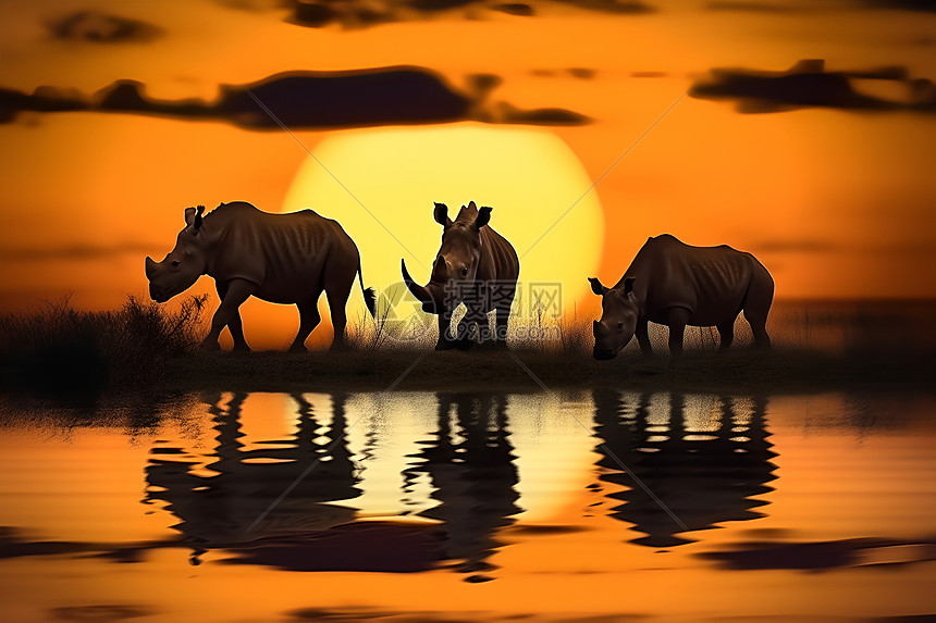 日落时分湖畔的犀牛图片