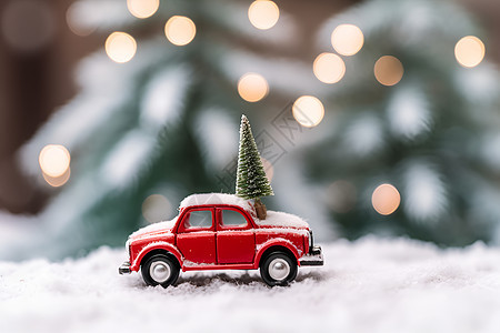 小红车里的圣诞树图片