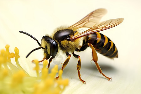 野生黄蜂在花上采蜜图片