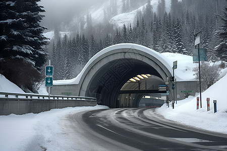 冬日冰雪中的山隧道图片