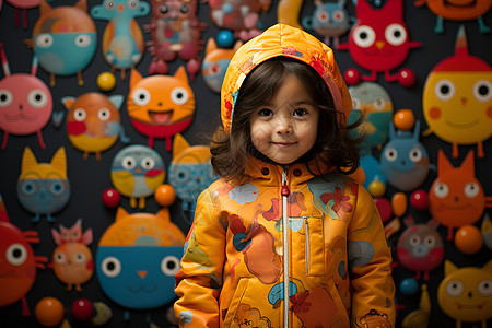 一个小女孩站在五颜六色的怪兽墙前图片