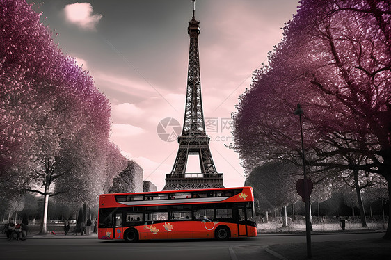 红色巴士停在铁塔前图片