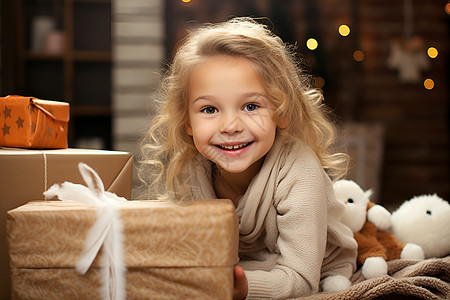 圣诞礼物前的小女孩图片