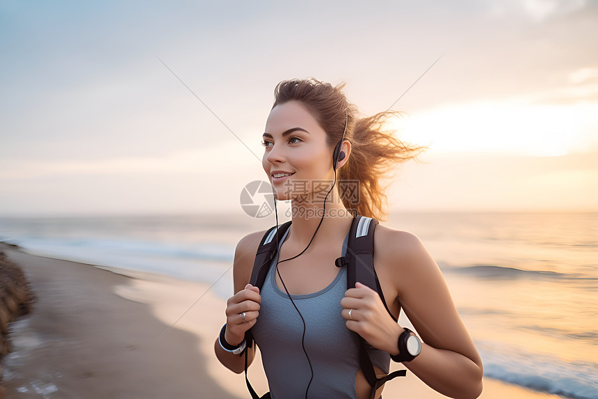 海边晨跑的女人图片