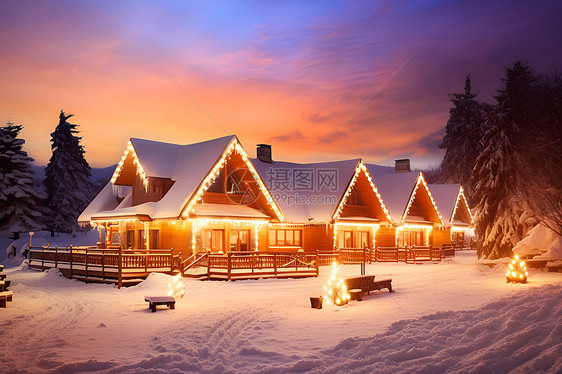 寒冷的雪景小屋图片