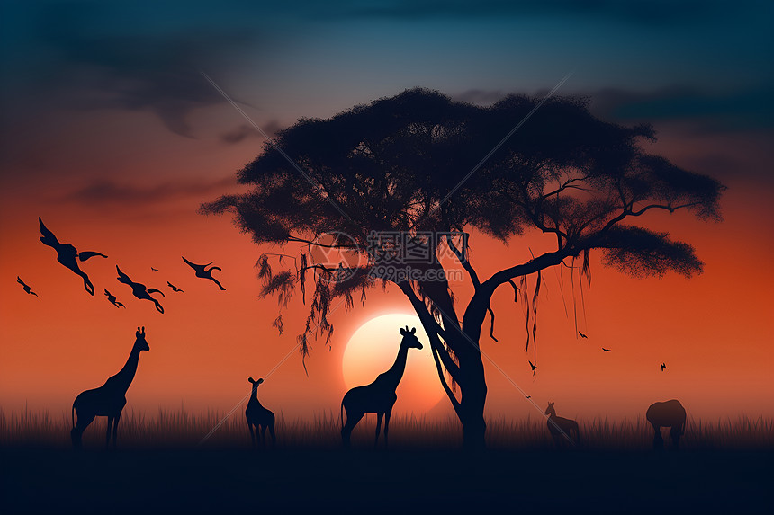 树下长颈鹿群与飞鸟共舞图片