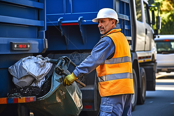 街道中回收垃圾的工人图片