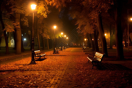 夜晚街道中的长椅图片