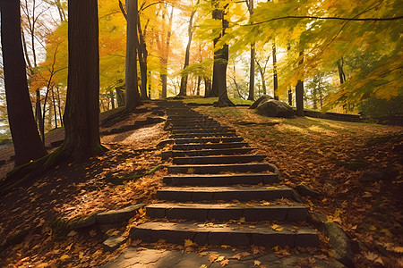 秋季森林中的石梯建筑图片