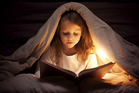夜晚卧室中看书的女孩图片
