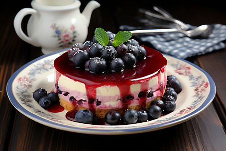 蓝莓蛋糕与薄荷叶背景图片