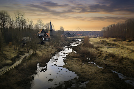 一条河流穿越乡村图片