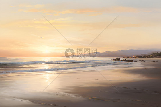 清晨海滩的油画图片
